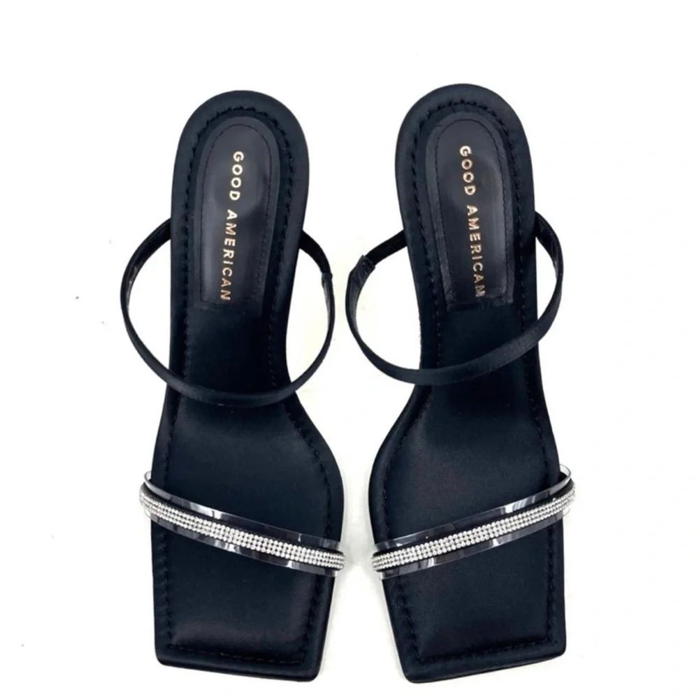 GOOD AMERICAN Open Square Toe Rhinestone Strappy Heels Black Satin Size 5.5 NIB‎ - Picture 4 of 10